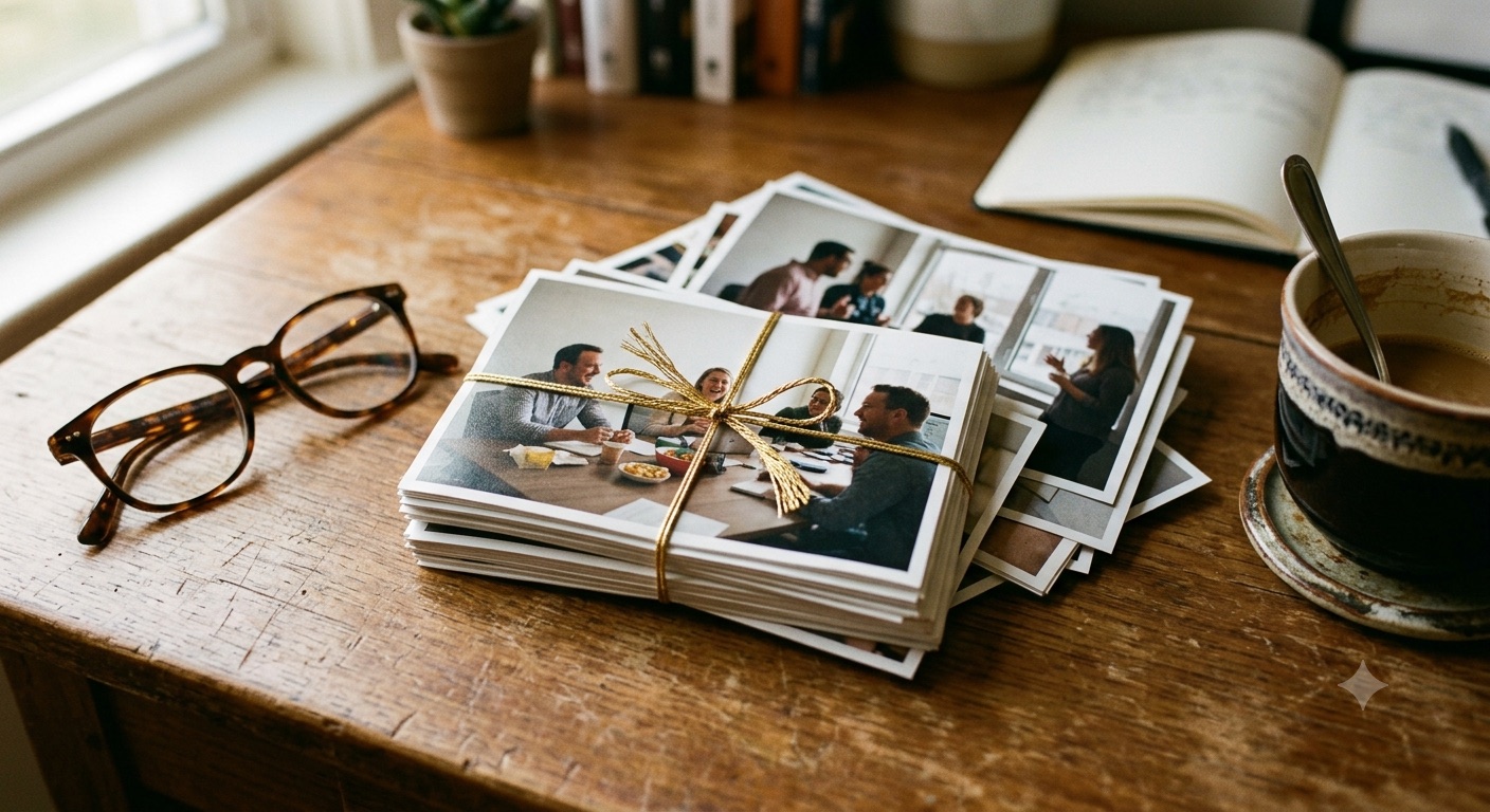A stack of printed office photographs tied with gold string on a wooden desk